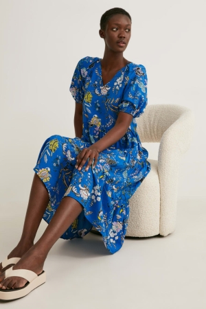 C&A A-line Floral Naisten Mekko Sininen | 01KRVPDSN