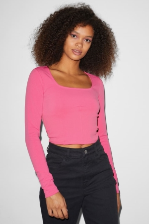 C&A Clockhouse Cropped Long Sleeve Naisten Topit Pinkki | 69MRXAGFJ