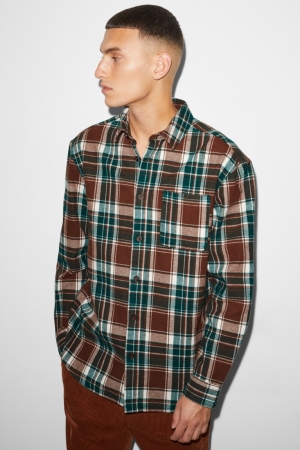 C&A Clockhouse Flannel Relaxed Fit Kent Collar Check Miesten Paidat Ruskea Tummanvihreä | 15QCKMNFH