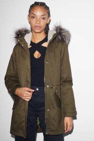 C&A Clockhouse Parka With Hood And Faux Fur Trim Talvi Naisten Takki Tummanvihreä | 07BDJQLPS