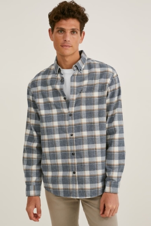 C&A Flannel Regular Fit Button-down Collar Check Miesten Paidat Valkoinen Harmaat | 02ZLJTSOE