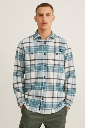 C&A Flannel Regular Fit Kent Collar Check Miesten Paidat Vihreä Valkoinen | 10BZXFLOW