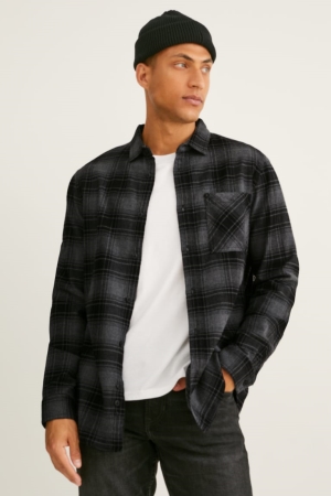 C&A Flannel Regular Fit Kent Collar Check Miesten Paidat Tummanharmaat | 21SZFMLEY