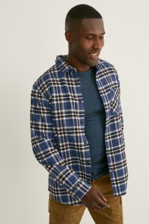 C&A Flannel Regular Fit Kent Collar Check Miesten Paidat Tummansininen Valkoinen | 32OWBZAVE