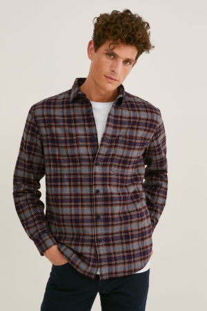 C&A Flannel Regular Fit Kent Collar Check Miesten Paidat Harmaat Tummanpunainen | 50IHYEBMN