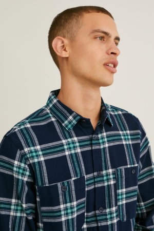 C&A Flannel Regular Fit Kent Collar Check Miesten Paidat Tummansininen Harmaat | 78DFWGPEC