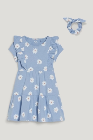 C&A Set And Scrunchie 2 Piece Floral Tytön Mekko Vaaleansininen | 67LJHBIVN