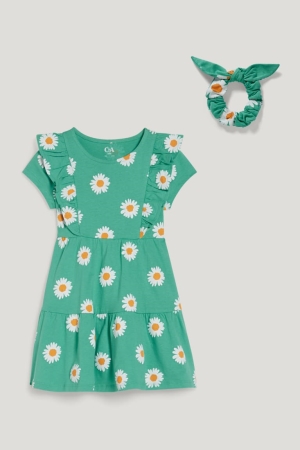 C&A Set And Scrunchie 2 Piece Floral Tytön Mekko Vihreä | 95CVIZBQX