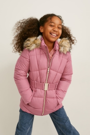 C&A Tikattu With Hood, Faux Fur Trim And Belt Tytön Takki Tummanpinkki | 10FQSZHXK