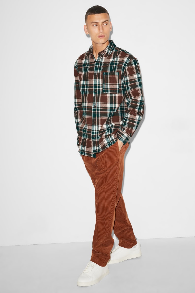 C&A Clockhouse Flannel Relaxed Fit Kent Collar Check Miesten Paidat Ruskea Tummanvihreä | 15QCKMNFH