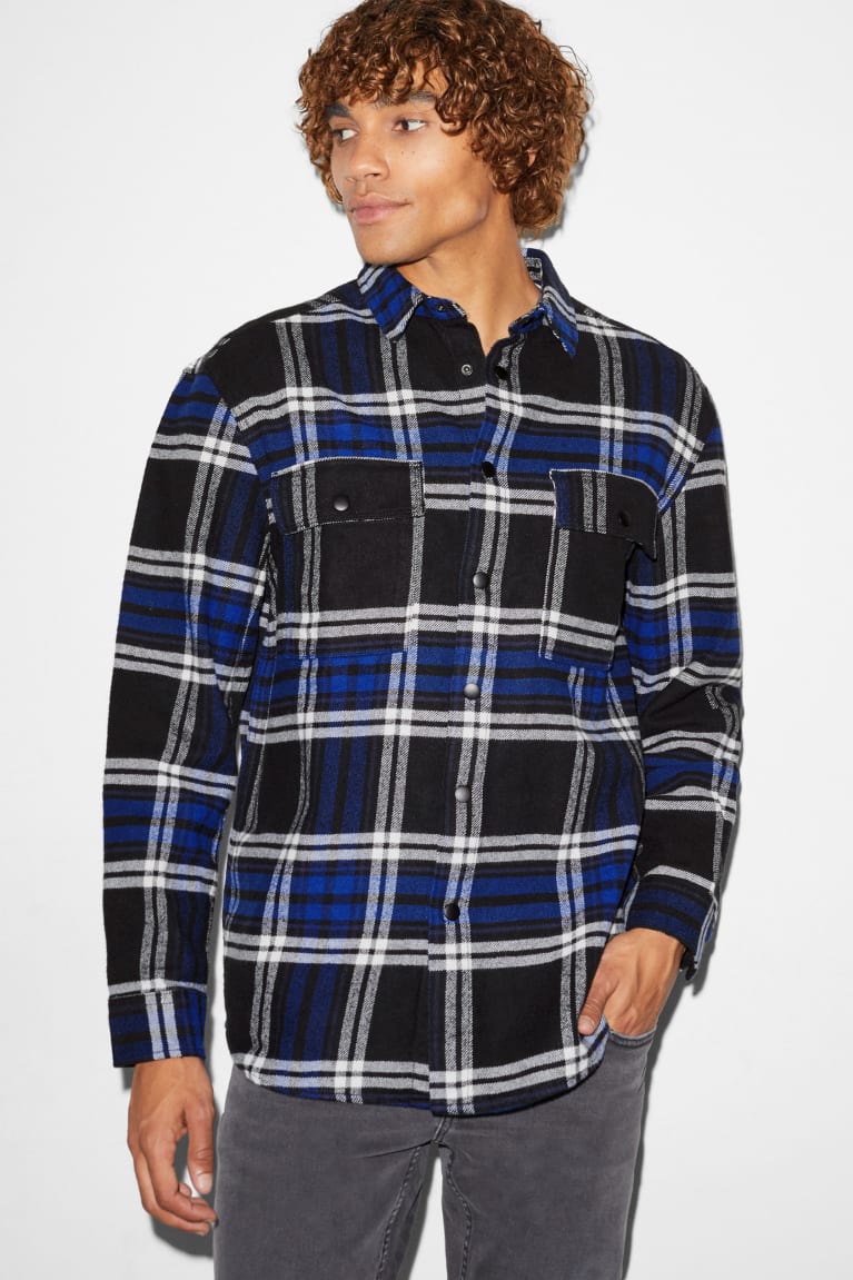 C&A Clockhouse Flannel Relaxed Fit Kent Collar Check Miesten Paidat Sininen Mustat | 76LWHQNKB