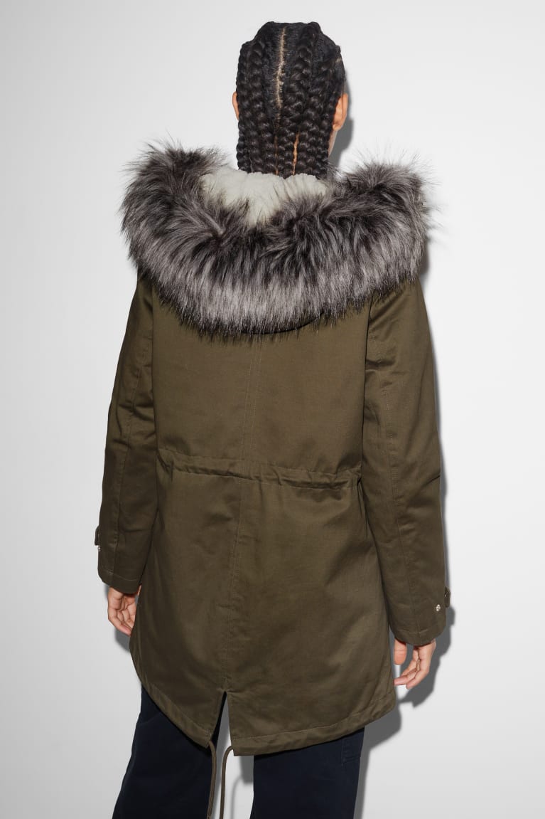 C&A Clockhouse Parka With Hood And Faux Fur Trim Talvi Naisten Takki Tummanvihreä | 07BDJQLPS