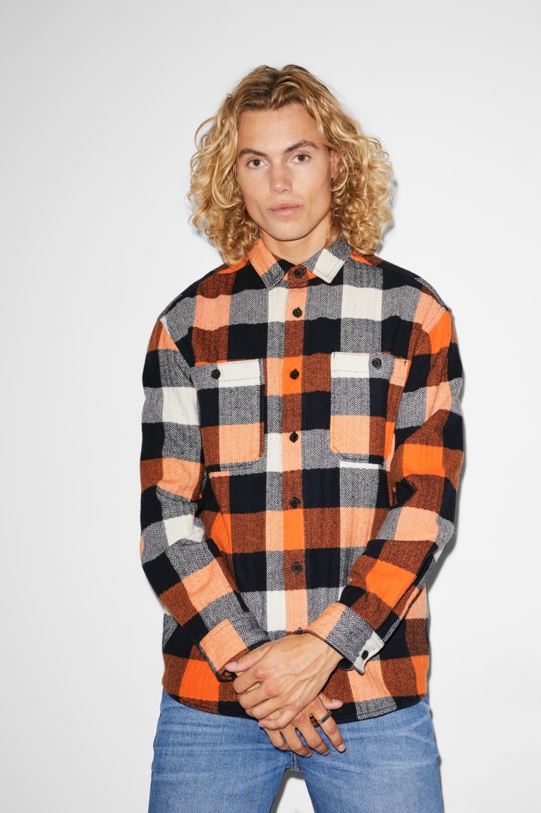 C&A Clockhouse Relaxed Fit Kent Collar Check Miesten Paidat Oranssi Tummansininen | 78DZJMKBF