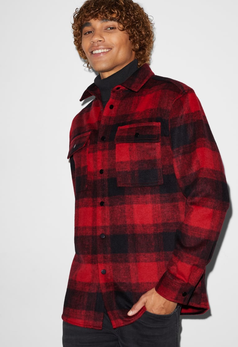 C&A Clockhouse Relaxed Fit Kent Collar Recycled Check Miesten Paidat Punainen Mustat | 01QECDGPH