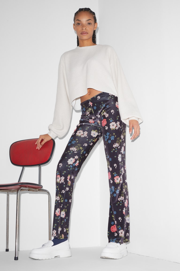 C&A Clockhouse Velvet Leggings Floral Naisten Suorat Housut Tummansininen | 31UMYNXCI