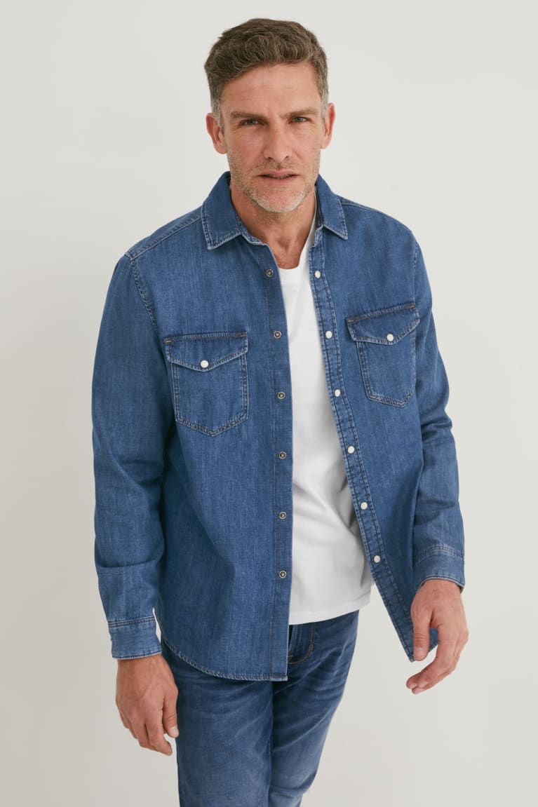 C&A Denim Regular Fit Kent Collar Recycled Miesten Paidat Sininen Tummansininen | 20MDXHLAG