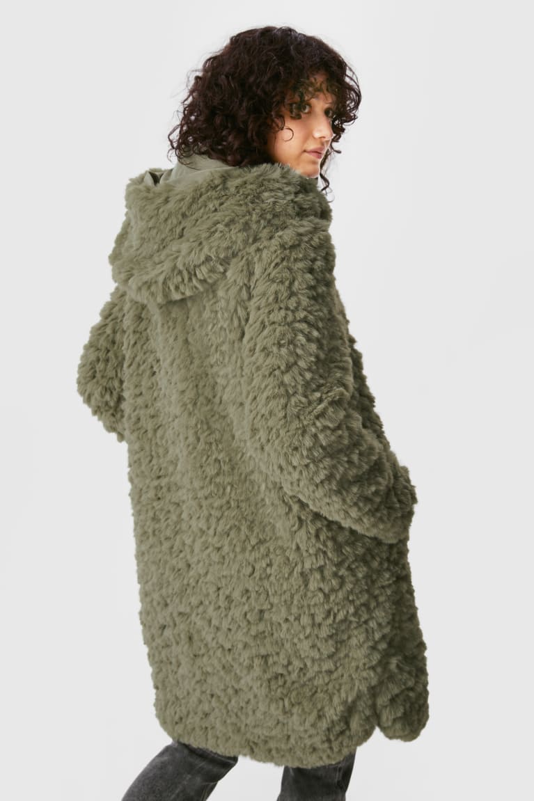 C&A Faux Fur With Hood Naisten Takit Tummanvihreä | 82BMVTXCZ