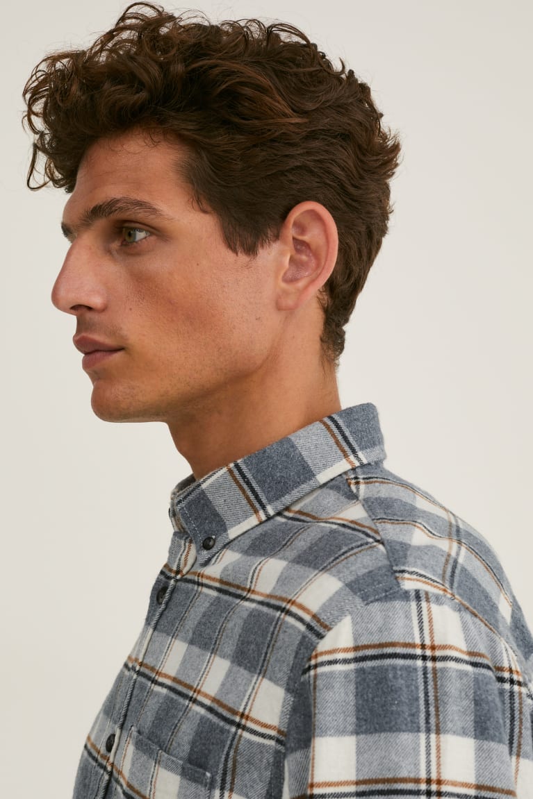 C&A Flannel Regular Fit Button-down Collar Check Miesten Paidat Valkoinen Harmaat | 02ZLJTSOE