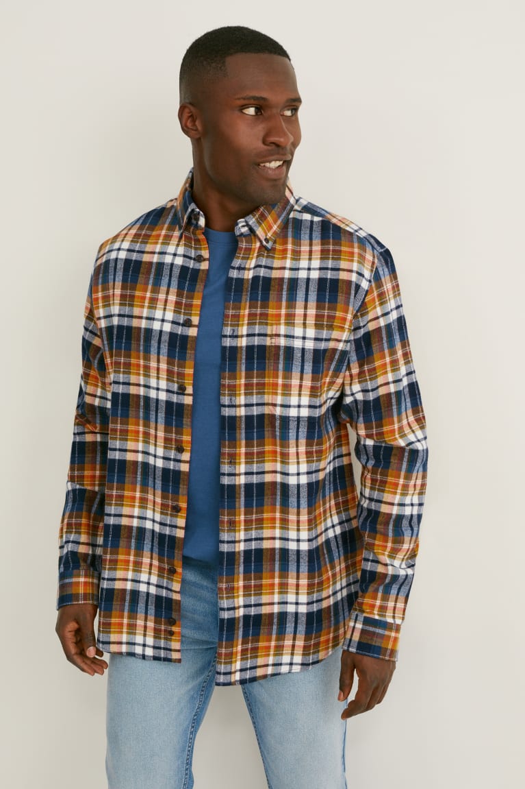 C&A Flannel Regular Fit Button-down Collar Check Miesten Paidat Oranssi Tummansininen | 09IAUMPDE