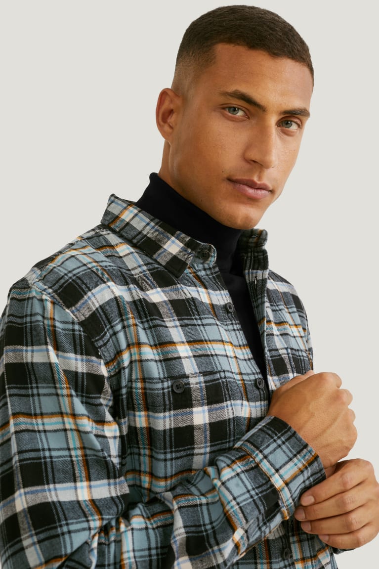 C&A Flannel Regular Fit Kent Collar Check Miesten Paidat Tummanvihreä Harmaat | 03ZLXYHIU