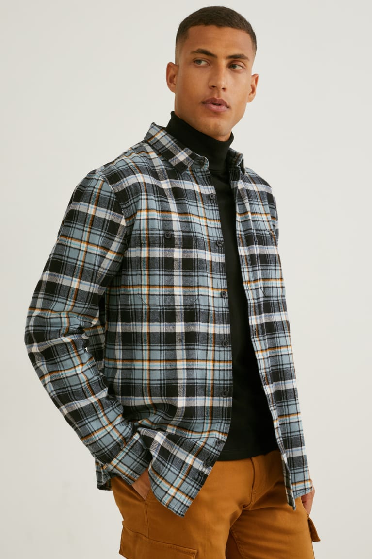 C&A Flannel Regular Fit Kent Collar Check Miesten Paidat Tummanvihreä Harmaat | 03ZLXYHIU