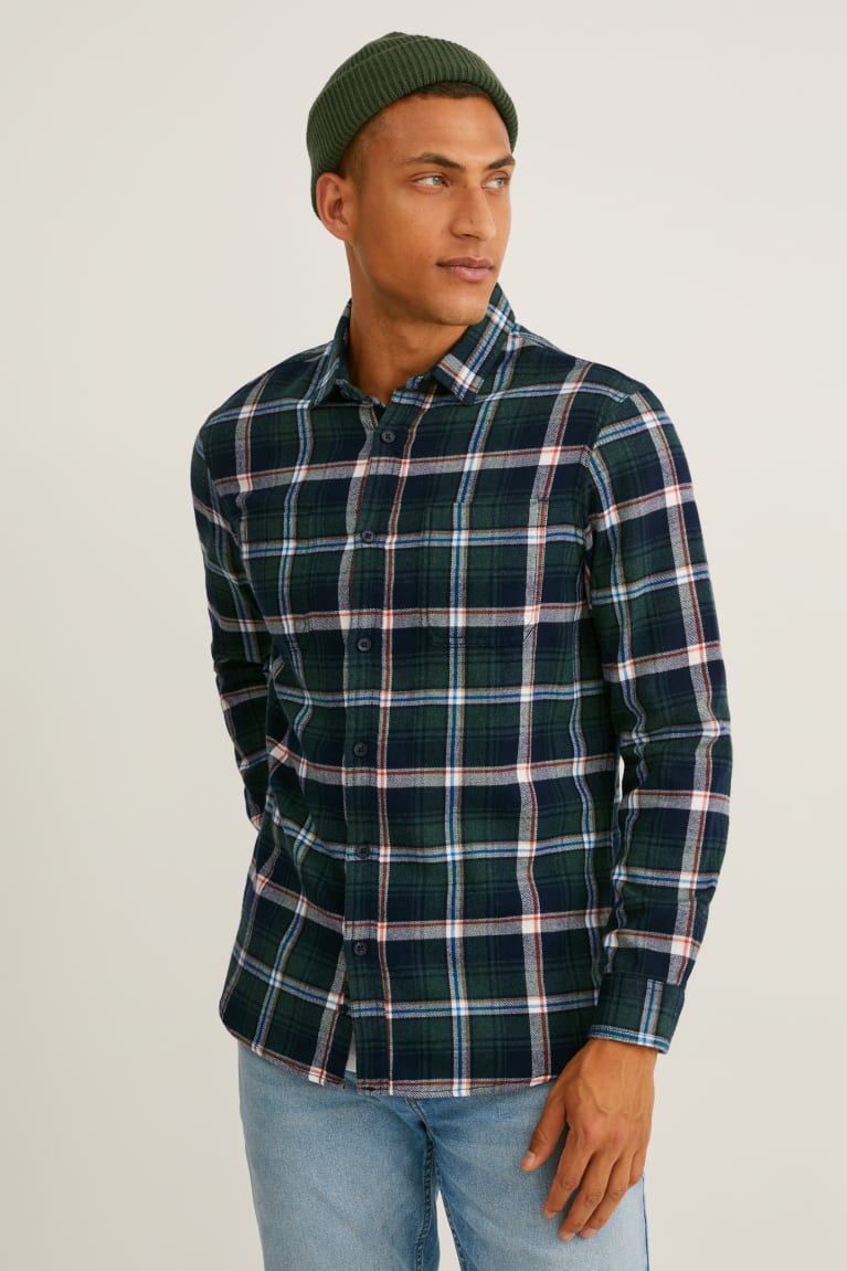 C&A Flannel Regular Fit Kent Collar Check Miesten Paidat Tummanvihreä Valkoinen | 34YSBQERI