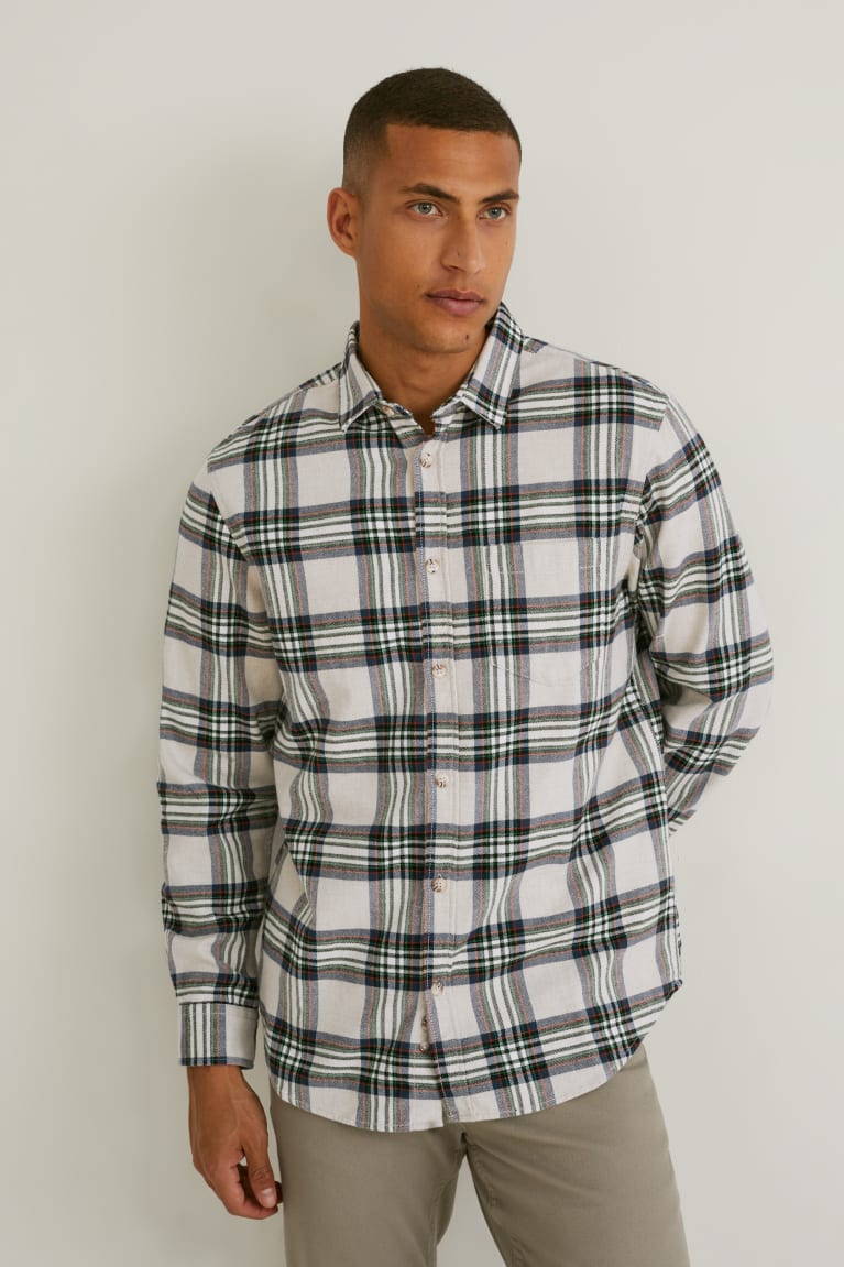 C&A Flannel Regular Fit Kent Collar Check Miesten Paidat Ruskea Valkoinen | 42UWJFKDQ