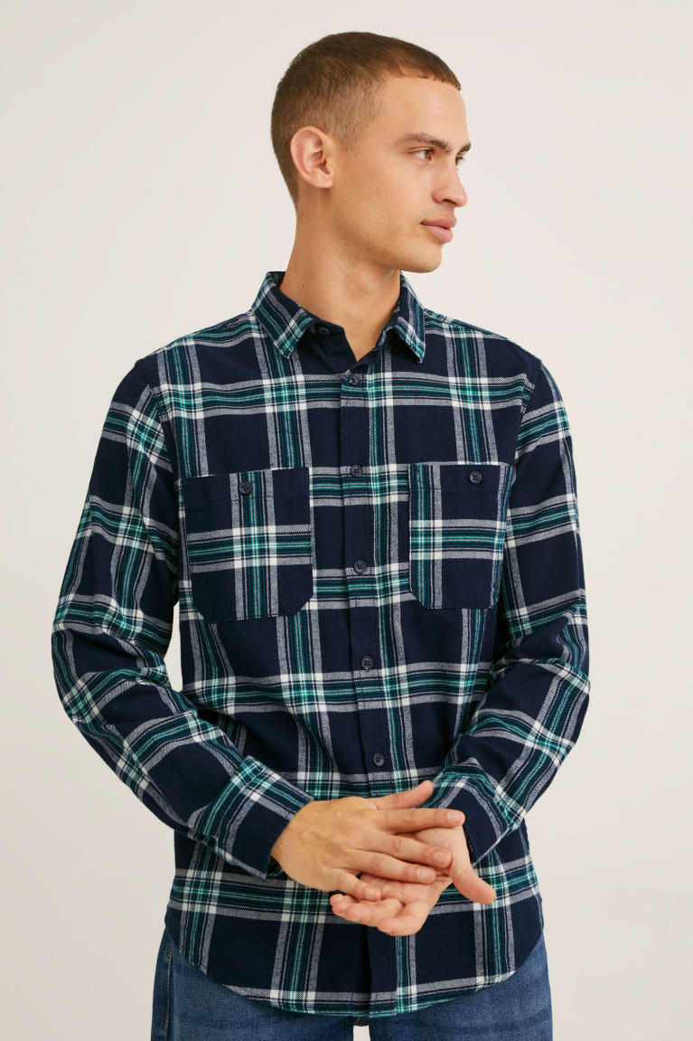 C&A Flannel Regular Fit Kent Collar Check Miesten Paidat Tummansininen Harmaat | 78DFWGPEC