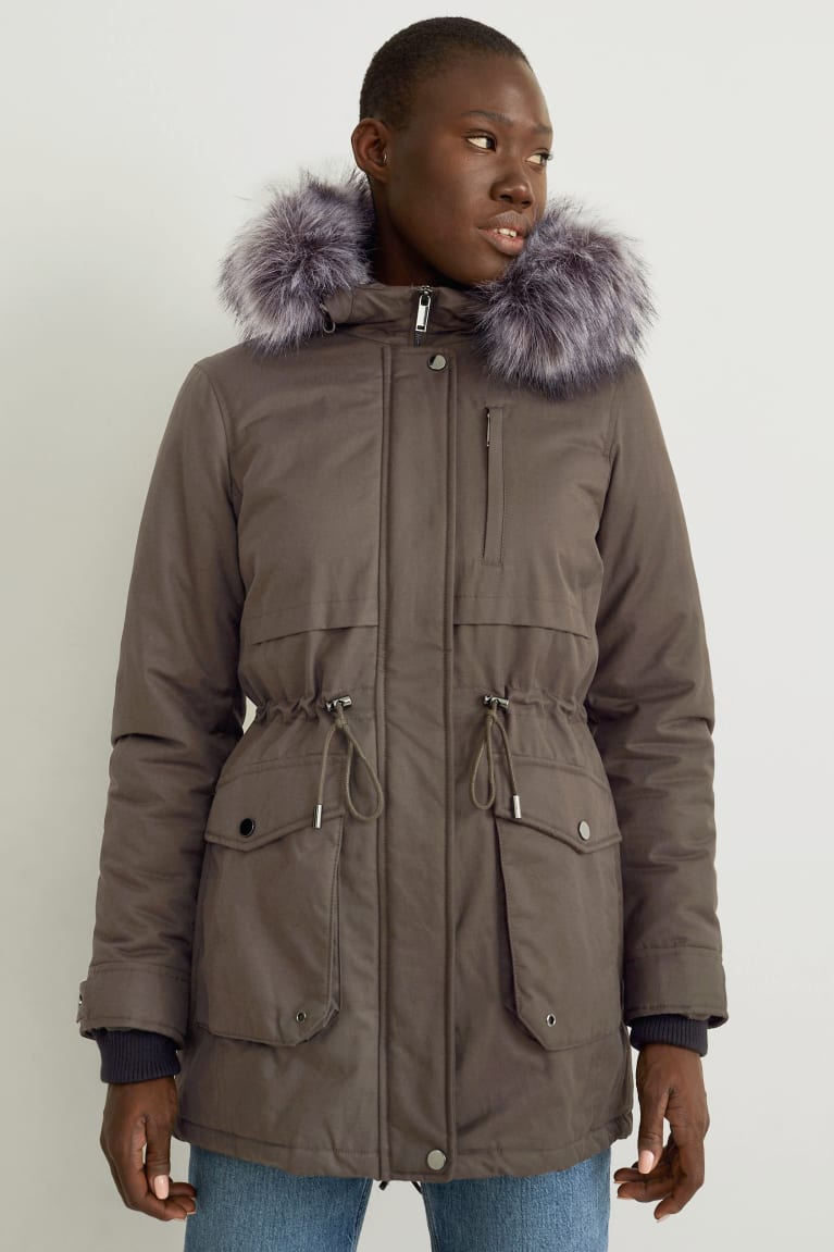 C&A Parka With Hood And Faux Fur Trim Talvi Naisten Takit Tummanvihreä | 79EZAVLXQ