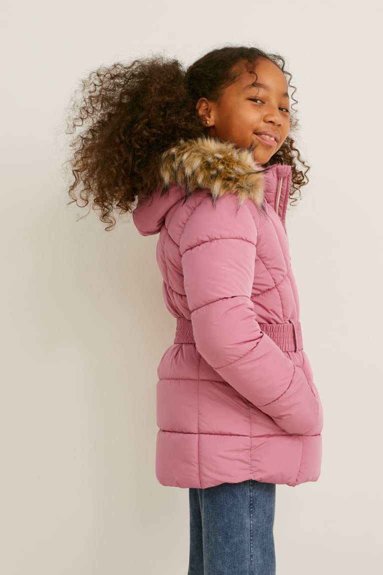 C&A Tikattu With Hood, Faux Fur Trim And Belt Tytön Takki Tummanpinkki | 10FQSZHXK